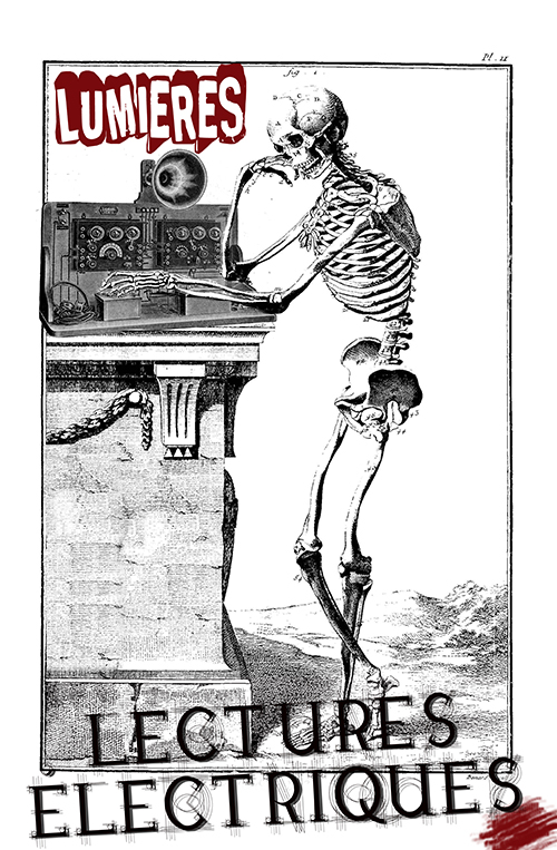 affiche spectacle Lumières Electriques squelette debout devant machine